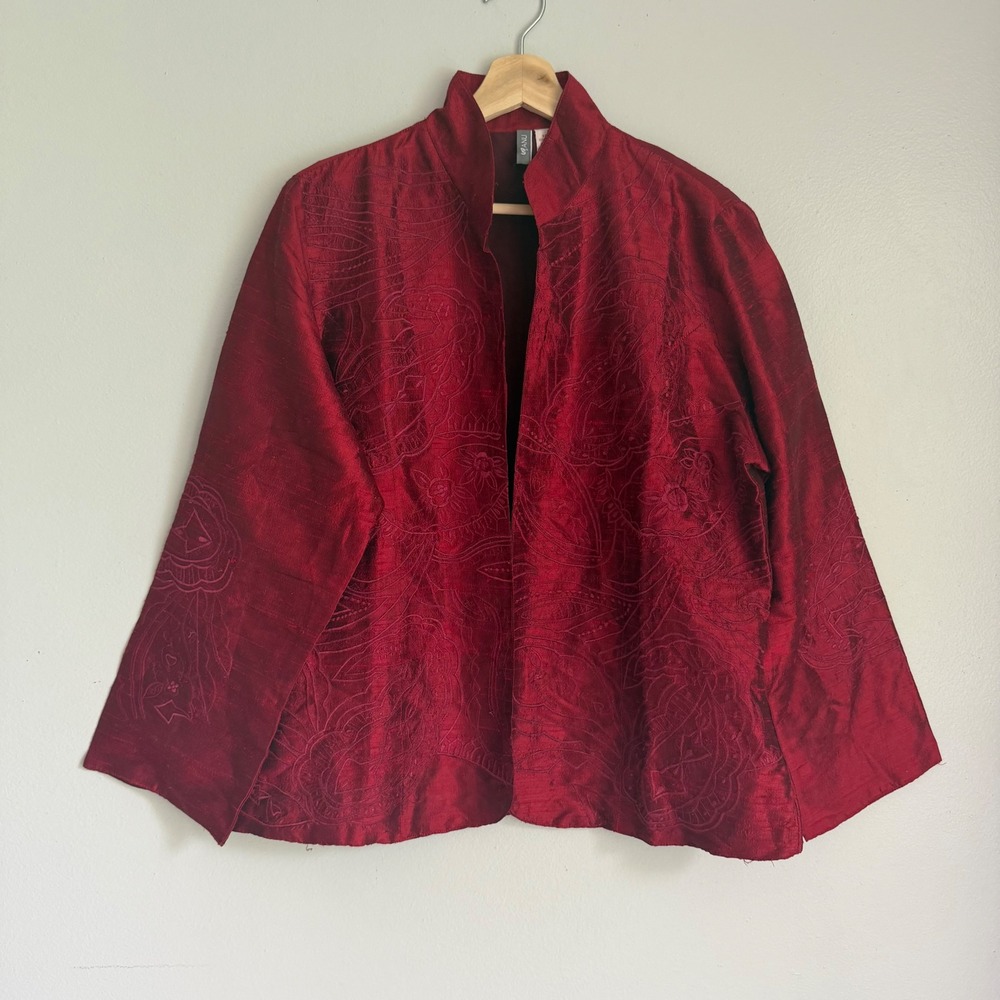 IVintage Anu 100% Pure Silk Embroidered Mandarin Collar Open Front Jacket L